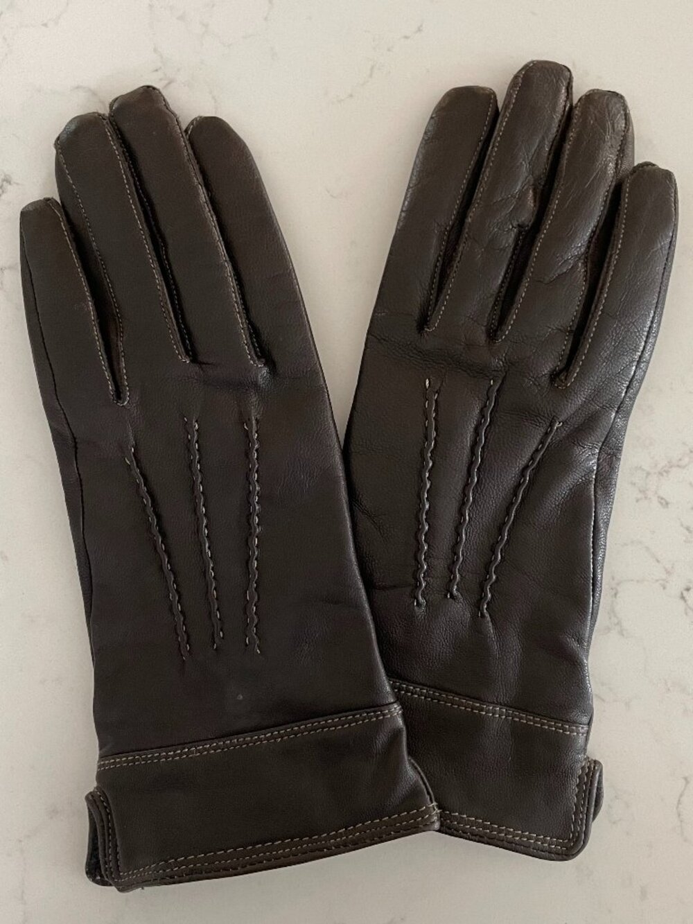 Axessimo Chic Poly Lined Genuine Leather Gloves w Stitching Detail Brown Sz 7.5